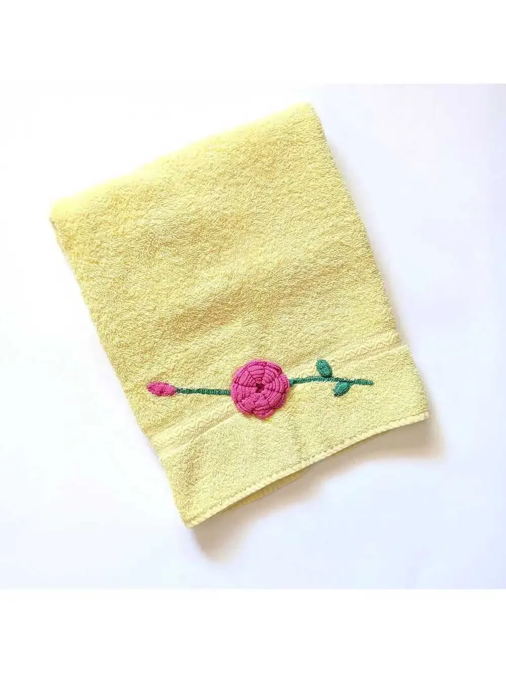 Vintage Yellow Bath Towel with Red Crochet Rose Applique